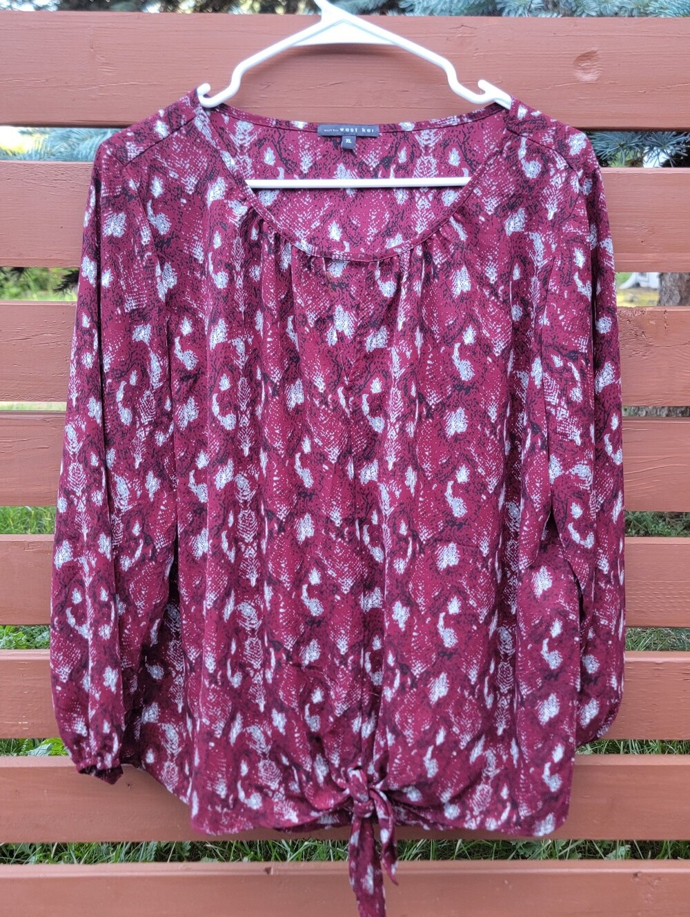 Burgundy Abstract Print Long-Sleeve Tie-Front Top